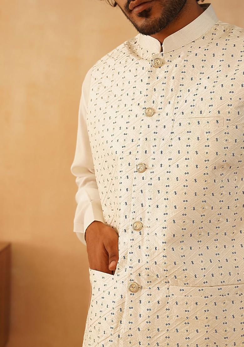 White Embroidered Poly Blend Nehru Jacket For Men