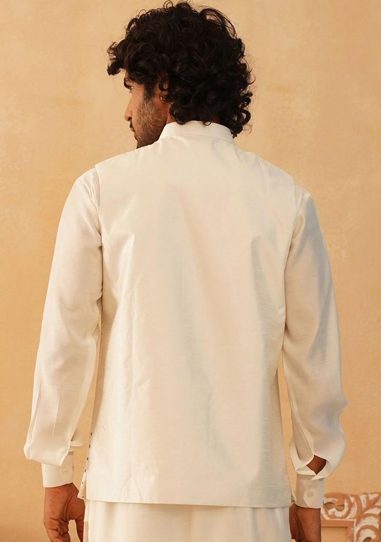 White Embroidered Poly Blend Nehru Jacket For Men
