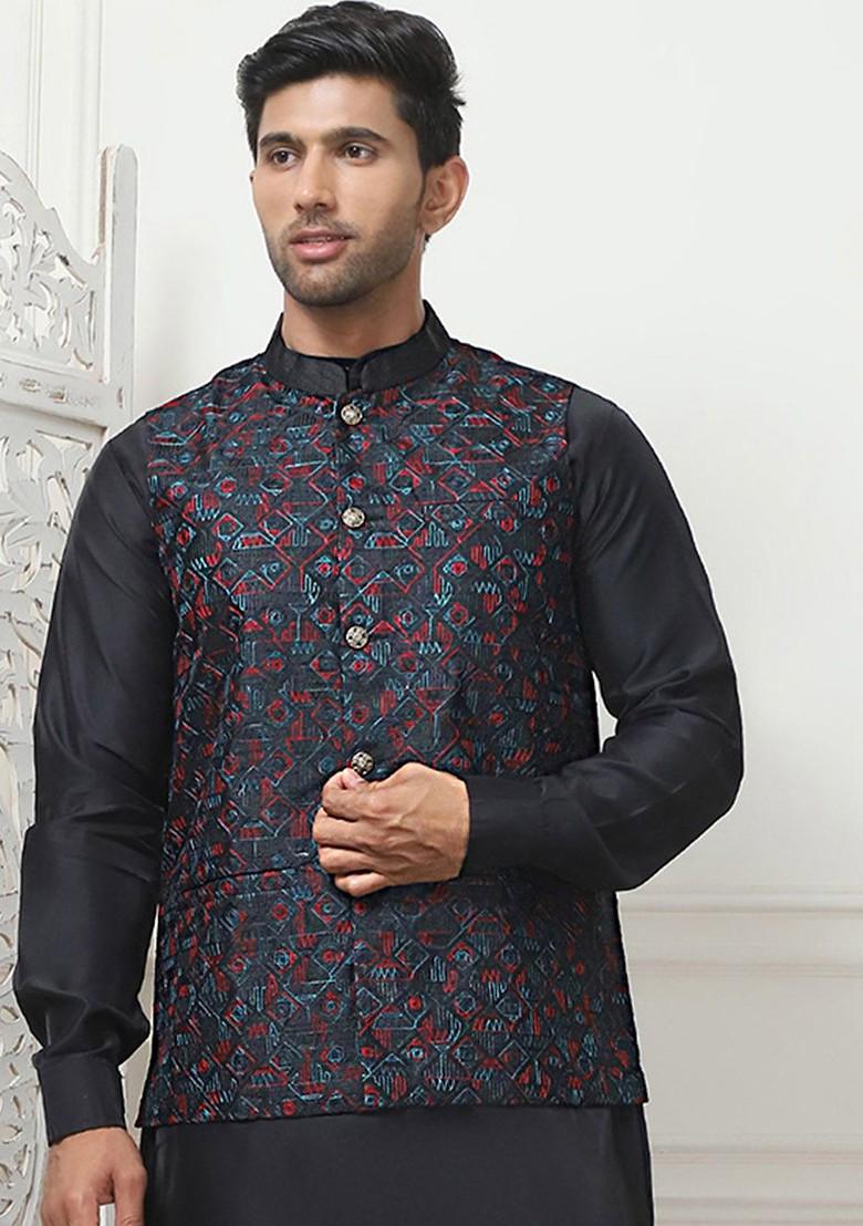 Navy Blue Embroidered Poly Blend Nehru Jacket For Men