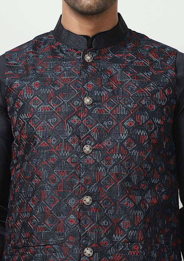 Navy Blue Embroidered Poly Blend Nehru Jacket For Men - Indya