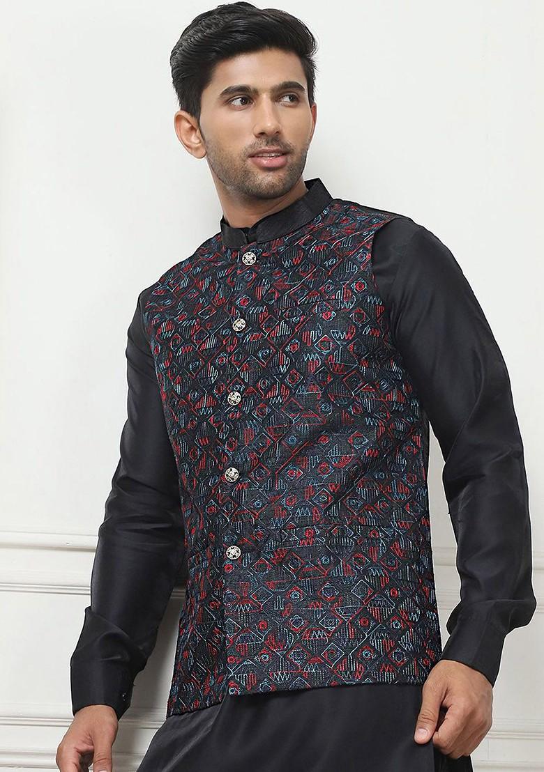 Navy Blue Embroidered Poly Blend Nehru Jacket For Men