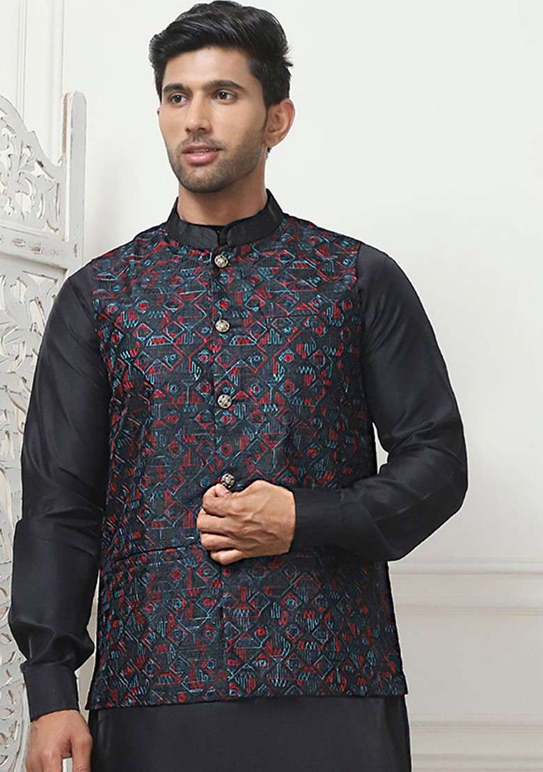 Navy Blue Embroidered Poly Blend Nehru Jacket For Men - Indya