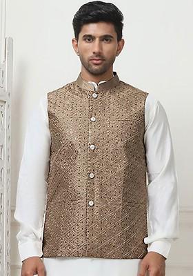 Bronze Brown Embroidered Poly Blend Nehru Jacket For Men