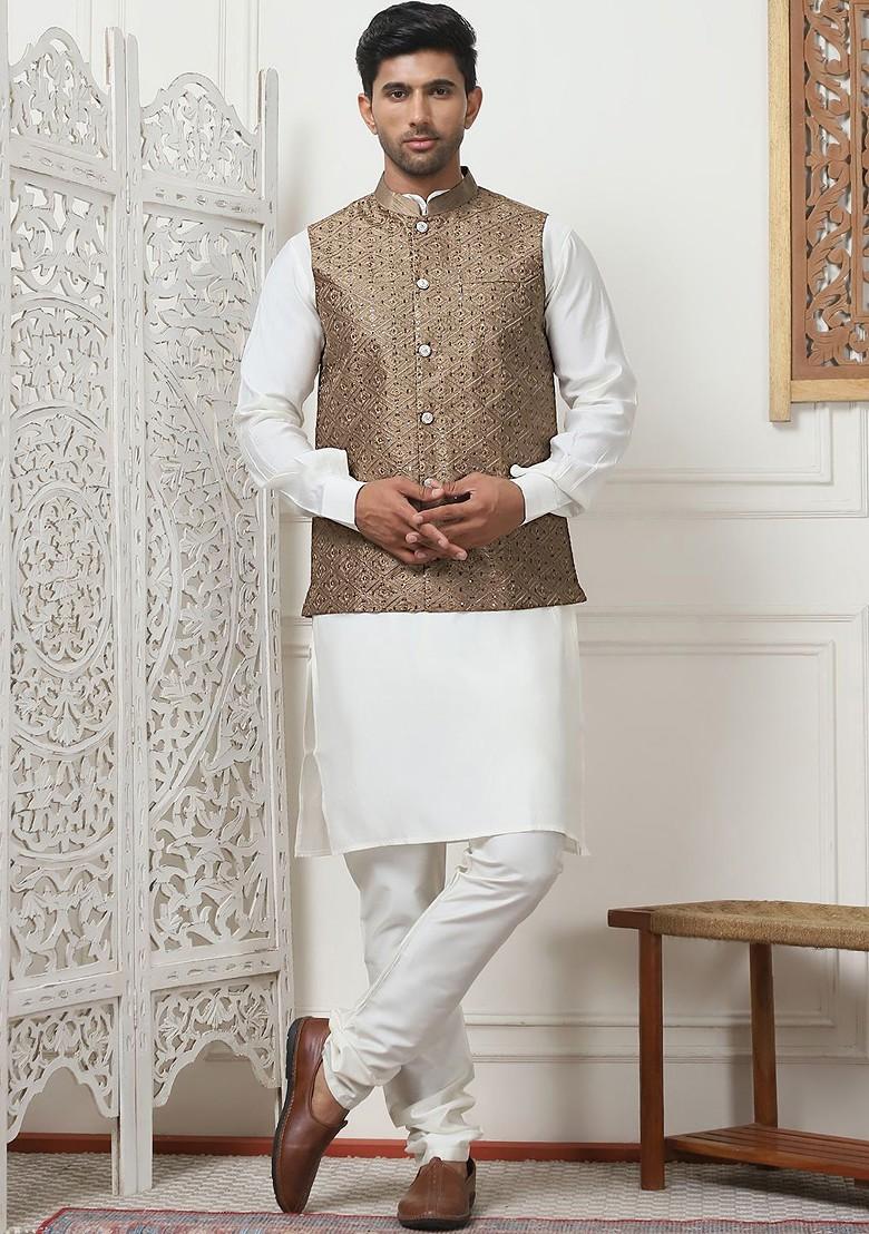 Bronze Brown Embroidered Poly Blend Nehru Jacket For Men