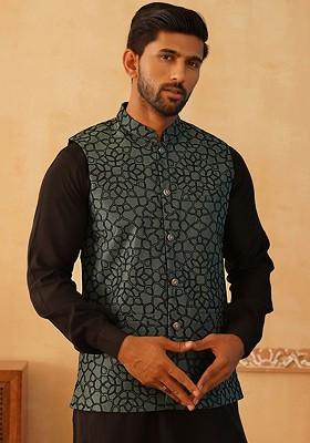 Teal Blue Embroidered Poly Blend Nehru Jacket For Men