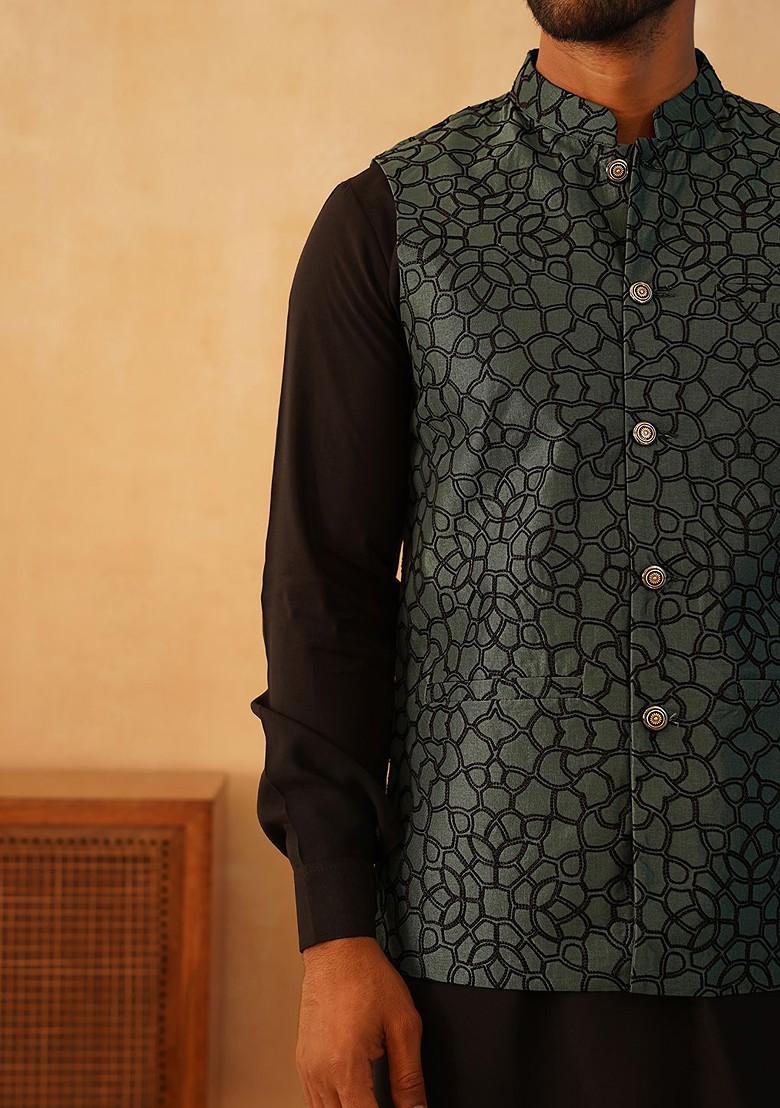 Teal Blue Embroidered Poly Blend Nehru Jacket For Men