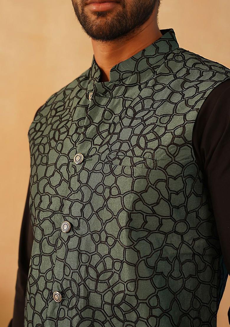 Teal Blue Embroidered Poly Blend Nehru Jacket For Men