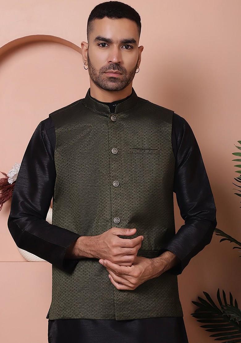 Olive Woven Design Poly Blend Nehru Jacket For Men