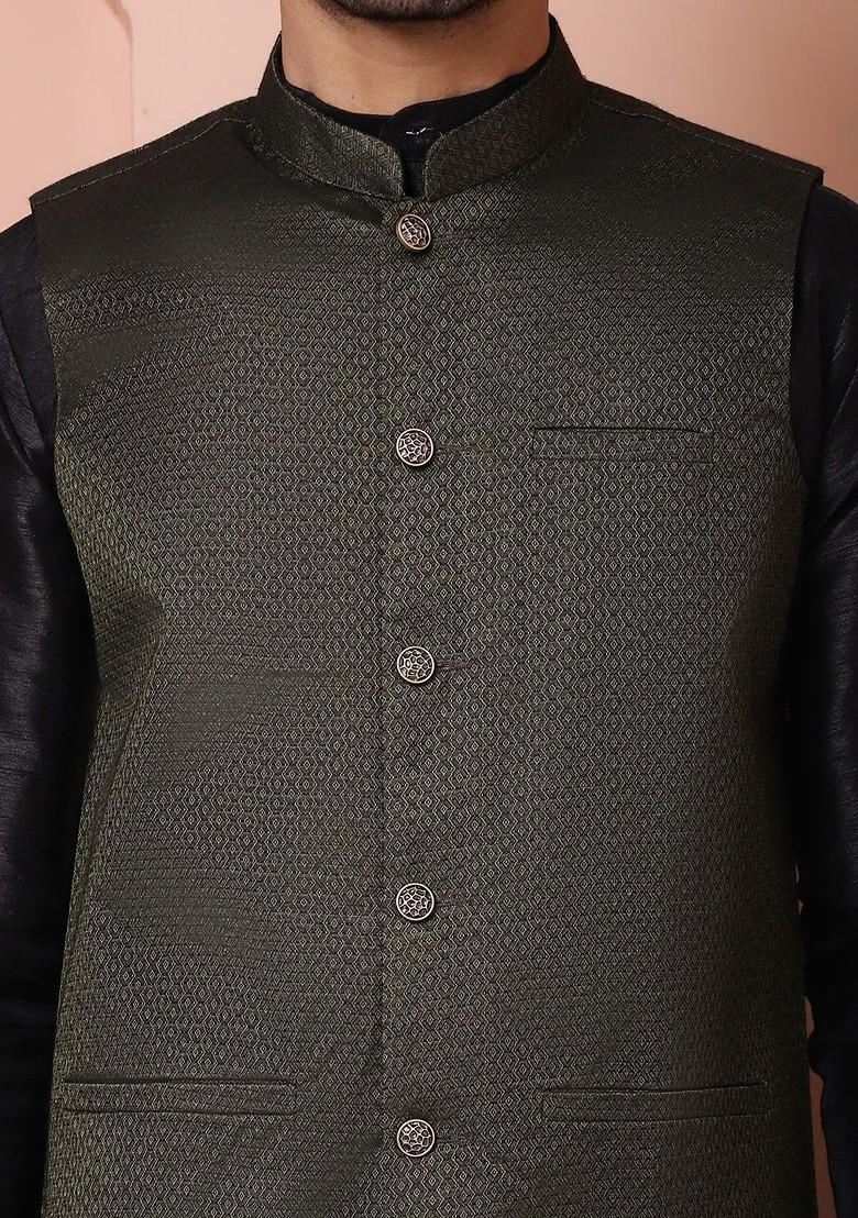Olive Woven Design Poly Blend Nehru Jacket For Men