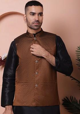 Gold Woven Design Poly Blend Nehru Jacket For Men