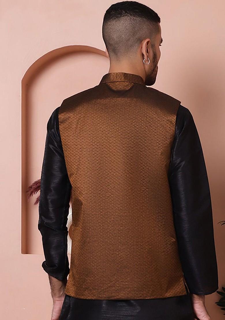 Gold Woven Design Poly Blend Nehru Jacket For Men