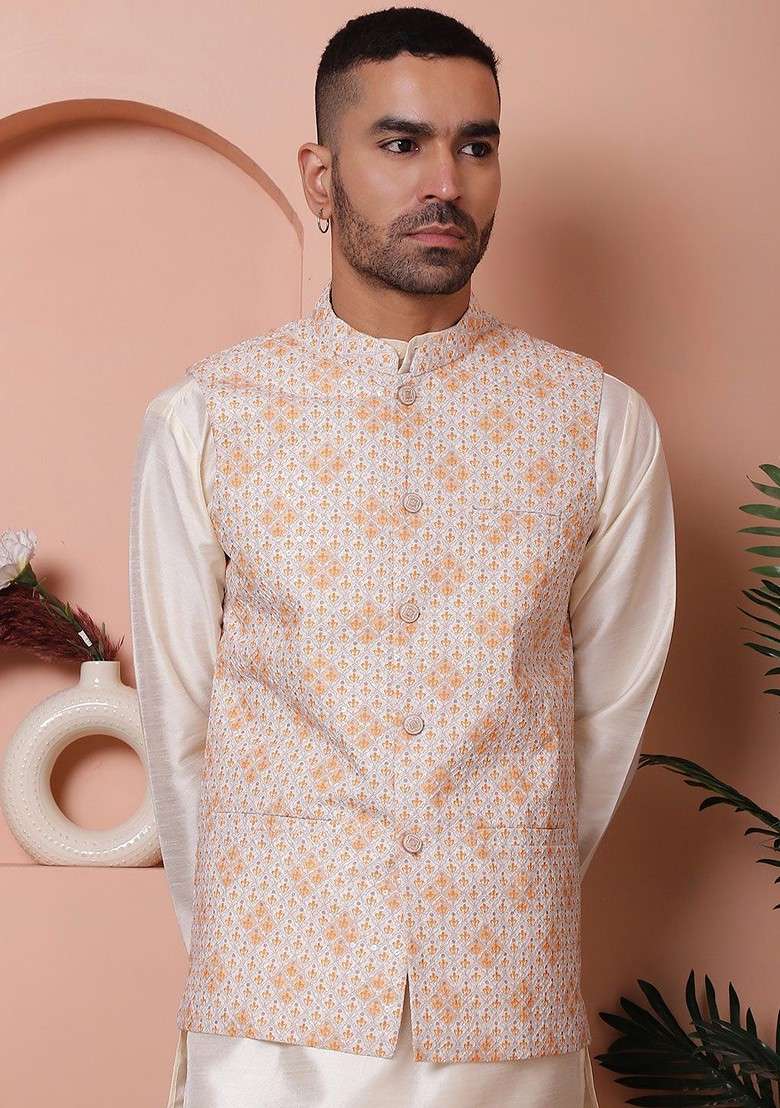 Orange Embroidered Poly Blend Nehru Jacket For Men - Indya