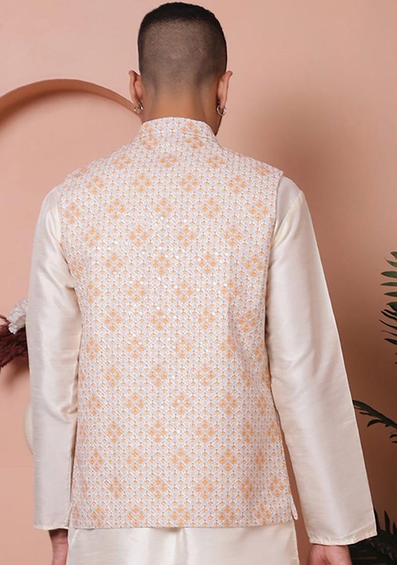 Orange Embroidered Poly Blend Nehru Jacket For Men