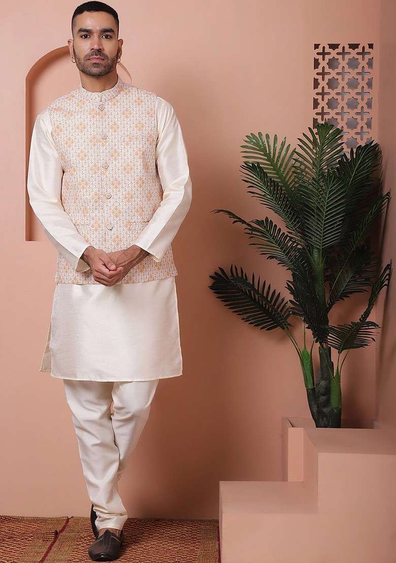 Orange Embroidered Poly Blend Nehru Jacket For Men - Indya