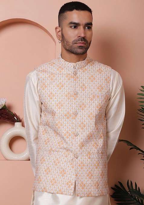 Orange Embroidered Poly Blend Nehru Jacket For Men