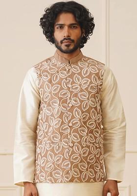 Brown Embroidered Poly Blend Nehru Jacket For Men