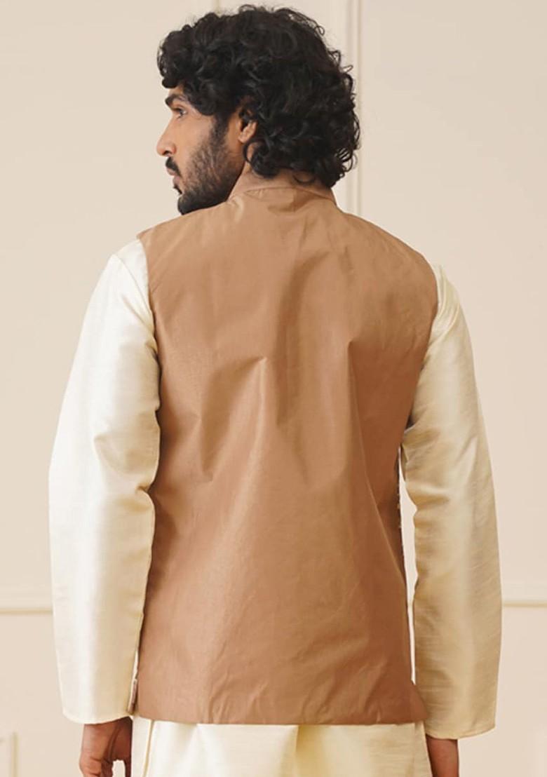 Brown Embroidered Poly Blend Nehru Jacket For Men
