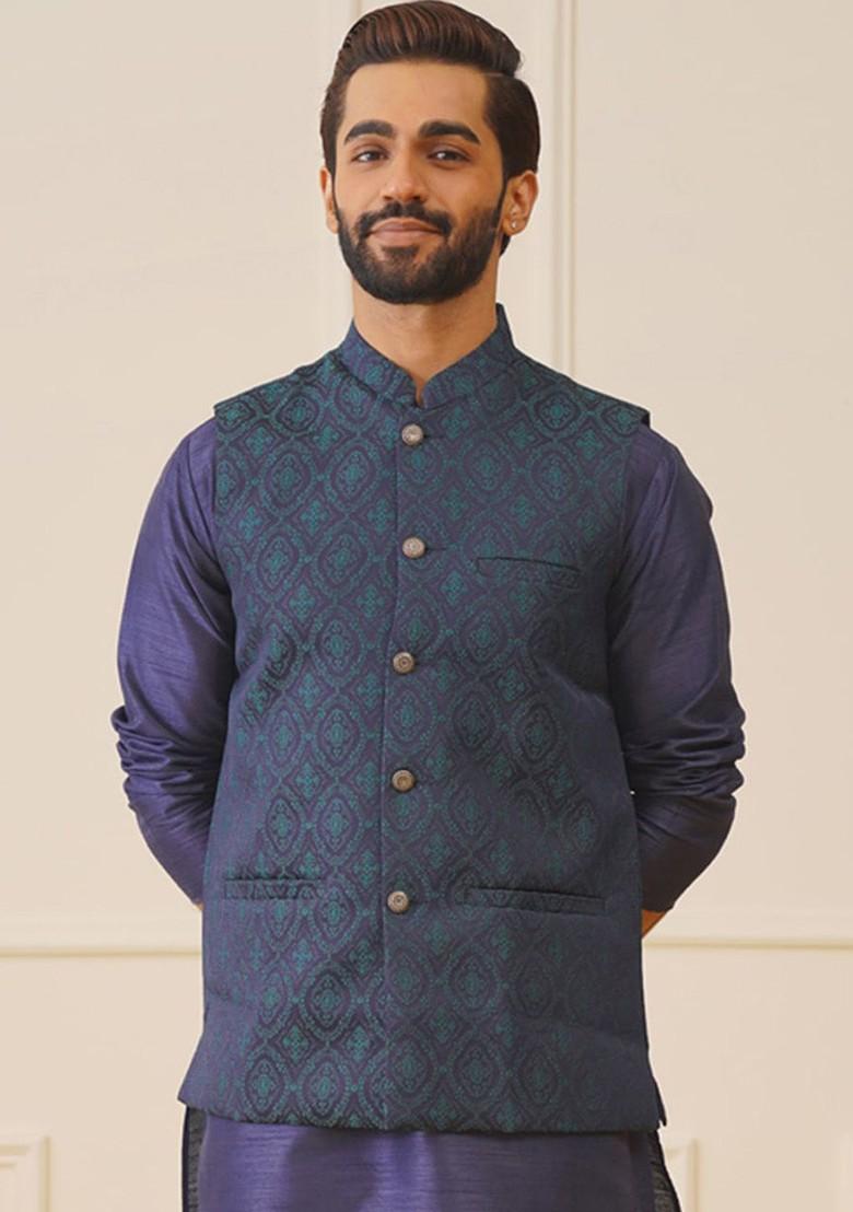 Navy Blue Printed Poly Blend Nehru Jacket For Men