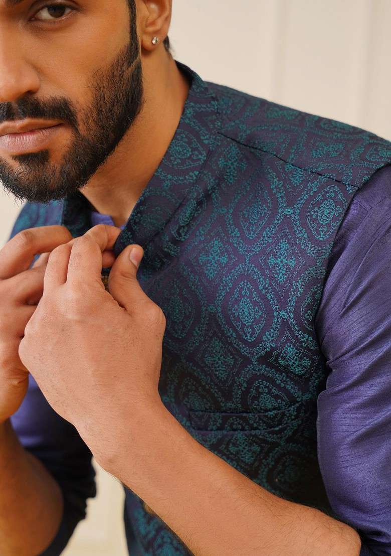 Navy Blue Printed Poly Blend Nehru Jacket For Men - Indya