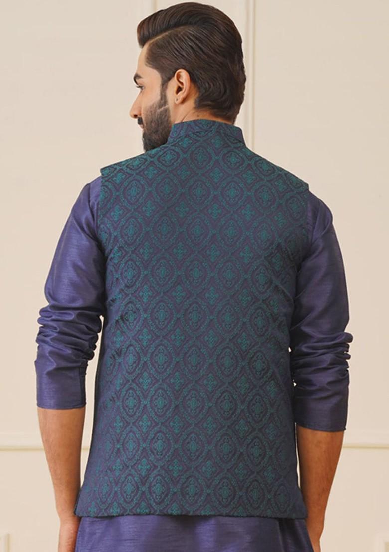Navy Blue Printed Poly Blend Nehru Jacket For Men