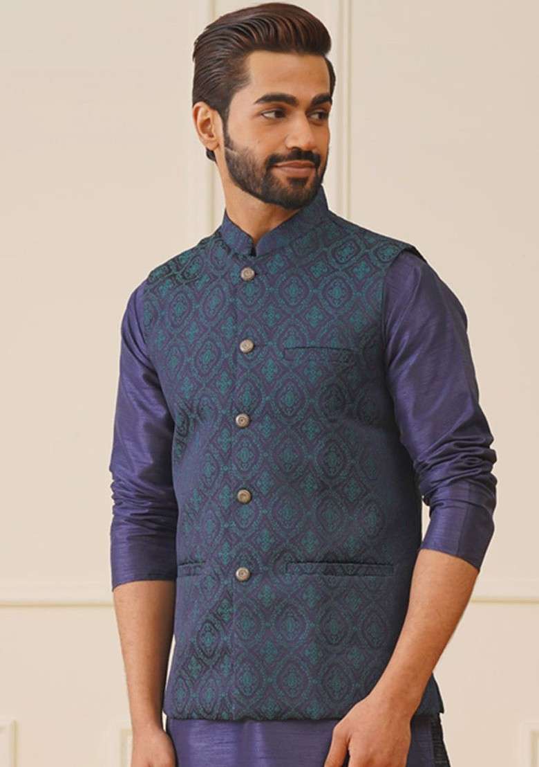 Navy Blue Printed Poly Blend Nehru Jacket For Men - Indya