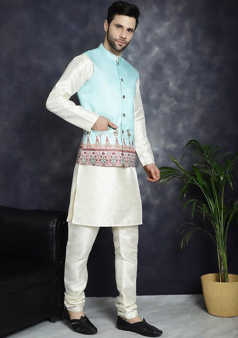 Turquoise Blue Printed Poly Blend Nehru Jacket For Men