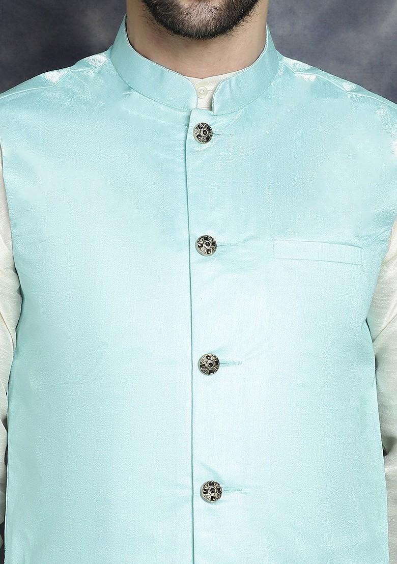 Turquoise Blue Printed Poly Blend Nehru Jacket For Men