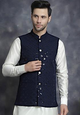 Navy Blue Embroidered Poly Blend Nehru Jacket For Men