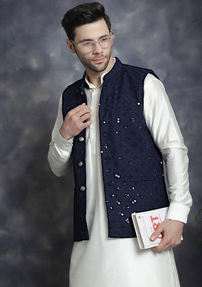 Navy Blue Embroidered Poly Blend Nehru Jacket For Men