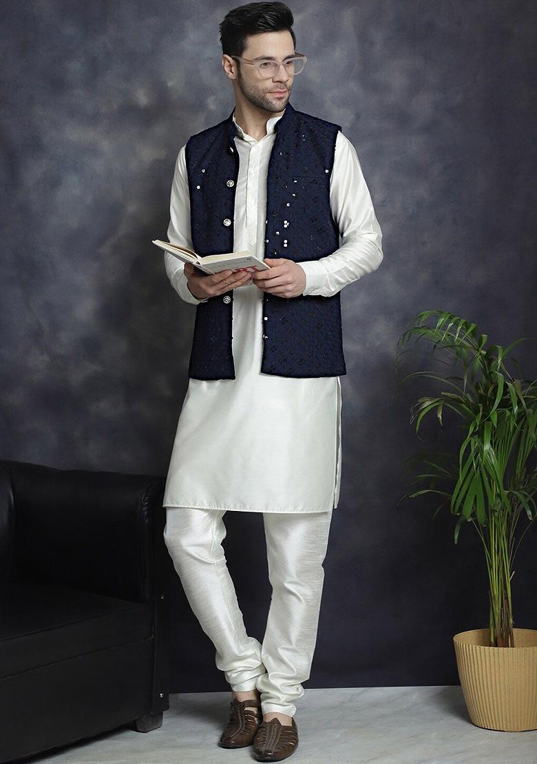 Navy Blue Embroidered Poly Blend Nehru Jacket For Men