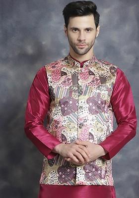 Purple Printed Poly Blend Nehru Jacket For Men