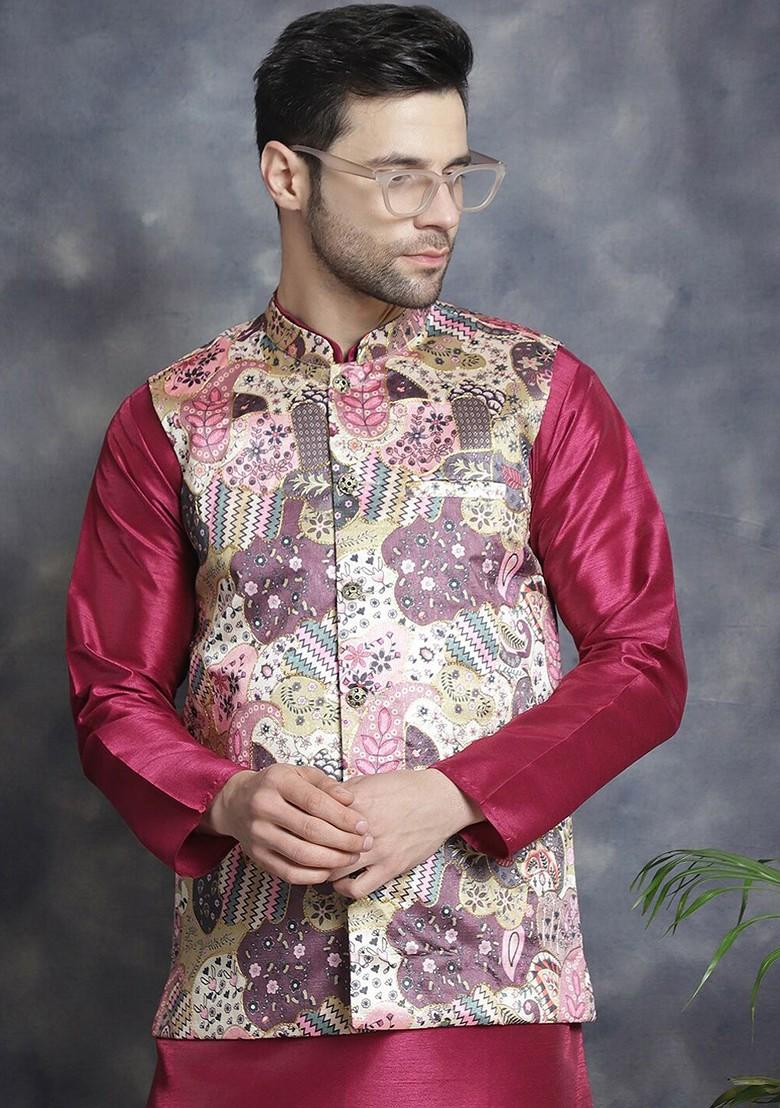 Purple Printed Poly Blend Nehru Jacket For Men