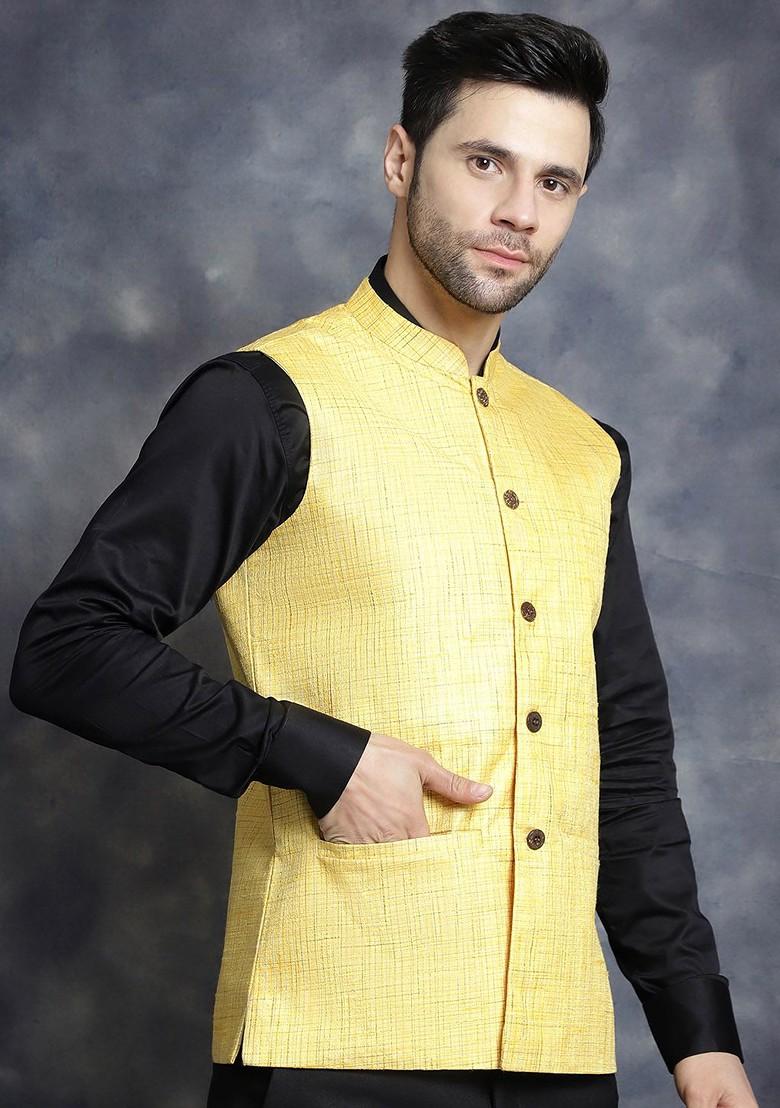 Yellow Woven Design Poly Blend Nehru Jacket For Men