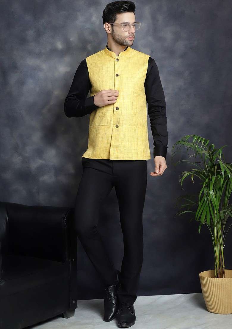 Yellow Woven Design Poly Blend Nehru Jacket For Men - Indya