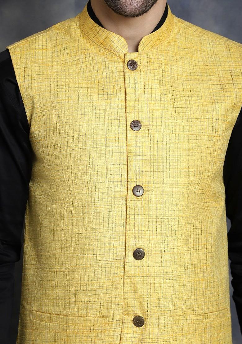 Yellow Woven Design Poly Blend Nehru Jacket For Men