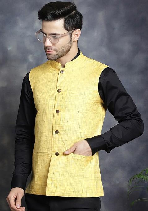 Yellow Woven Design Poly Blend Nehru Jacket For Men — view on Indya