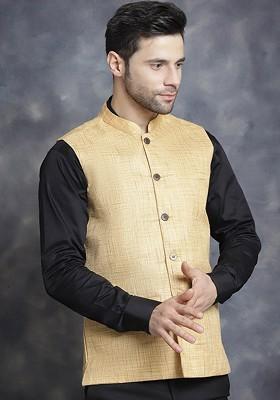 Beige Woven Design Poly Blend Nehru Jacket For Men
