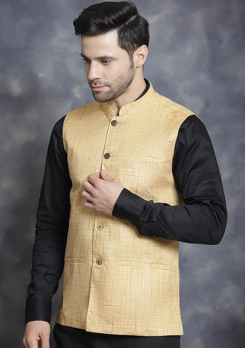Beige Woven Design Poly Blend Nehru Jacket For Men