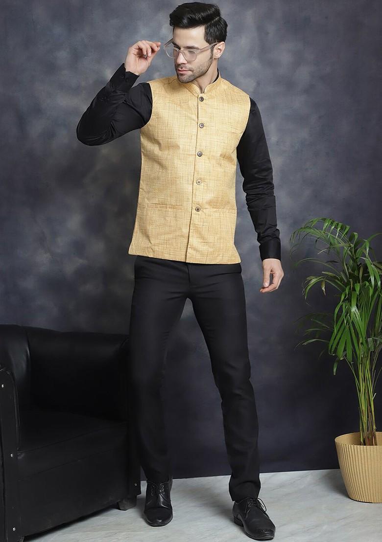 Beige Woven Design Poly Blend Nehru Jacket For Men