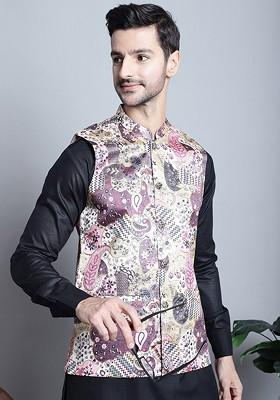 Purple Printed Poly Blend Nehru Jacket For Men
