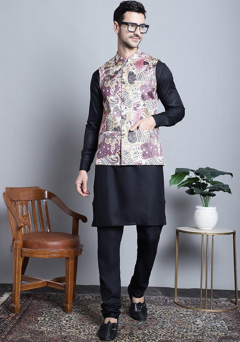 Purple Printed Poly Blend Nehru Jacket For Men