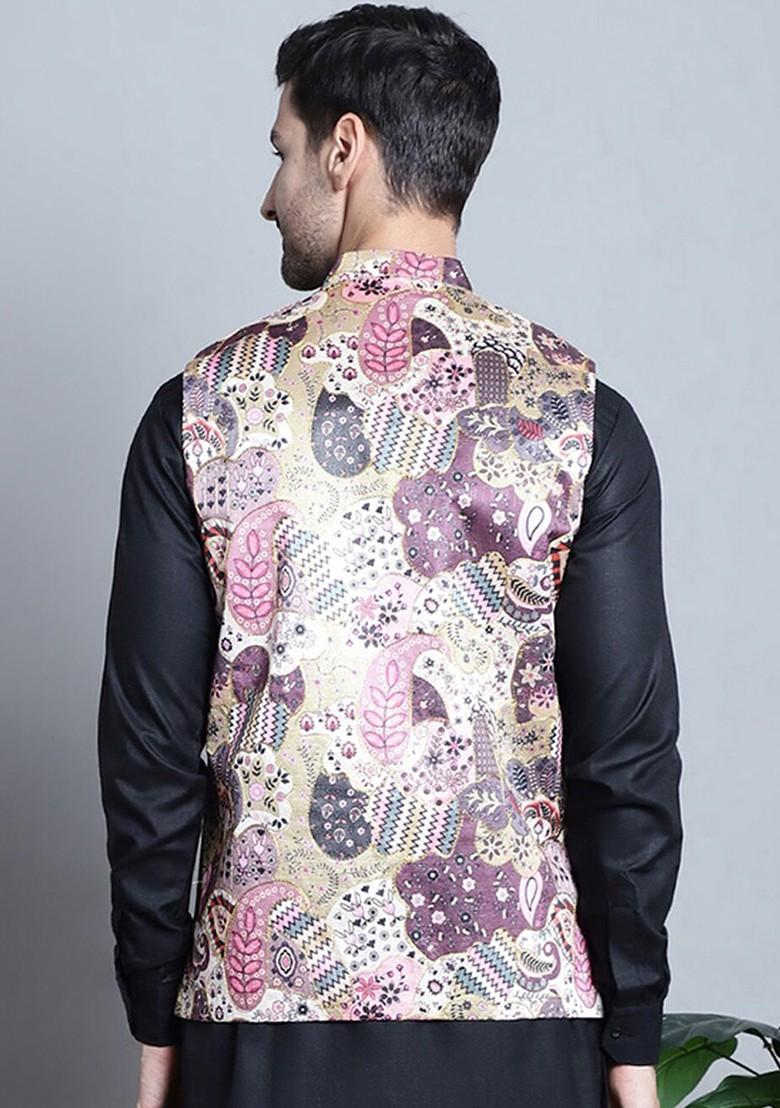 Purple Printed Poly Blend Nehru Jacket For Men
