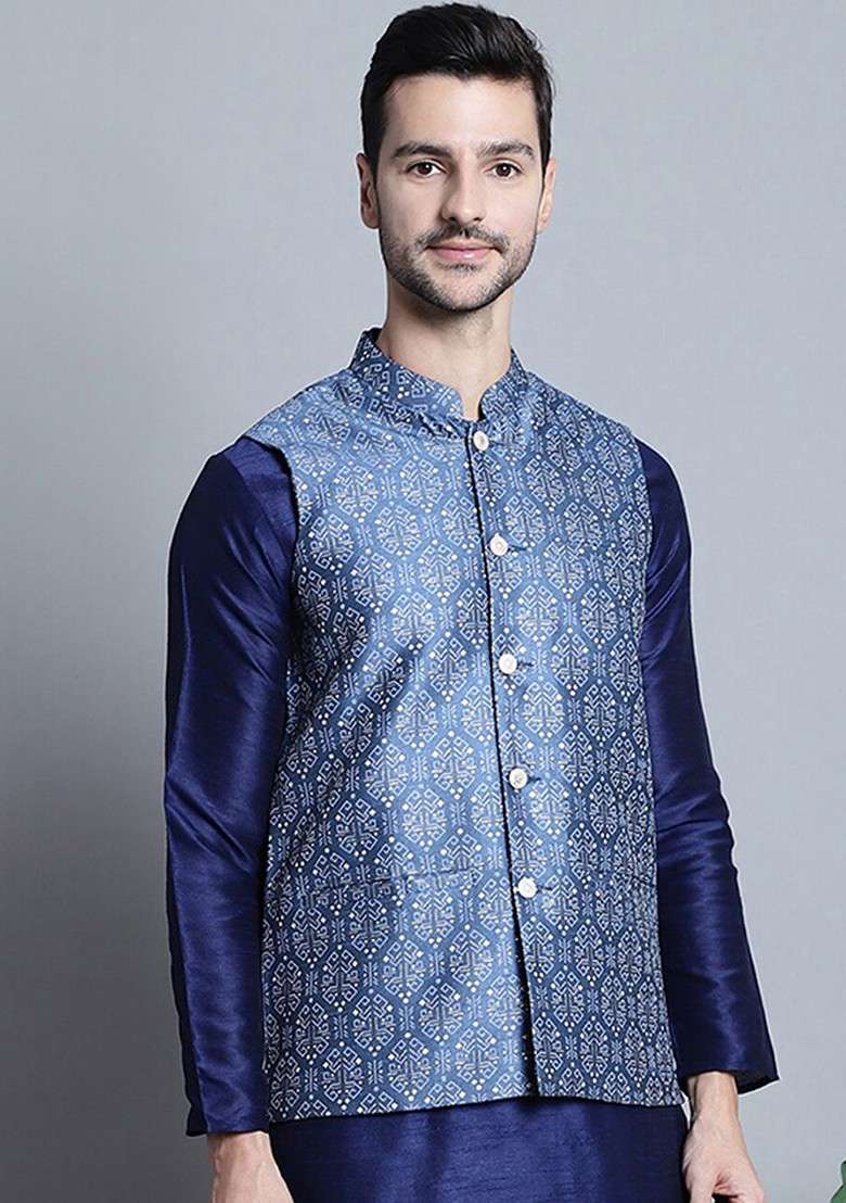 Blue Printed Poly Blend Nehru Jacket For Men - Indya