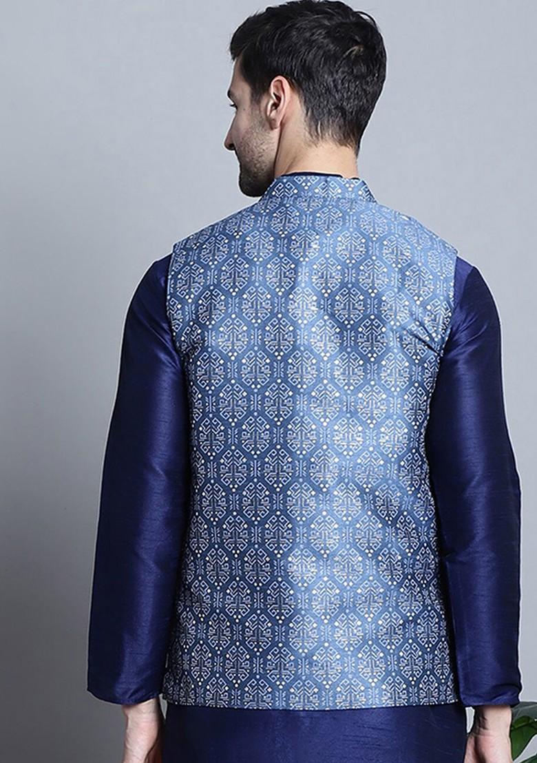 Blue Printed Poly Blend Nehru Jacket For Men
