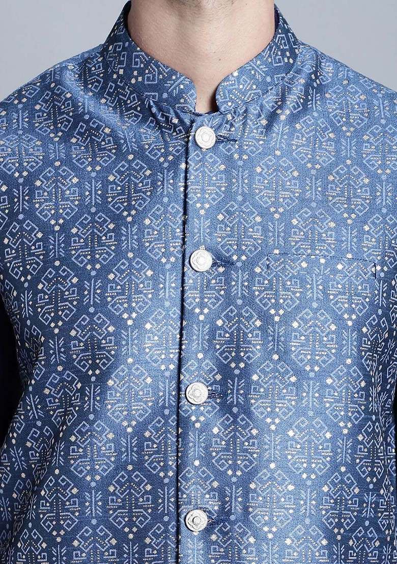 Blue Printed Poly Blend Nehru Jacket For Men - Indya