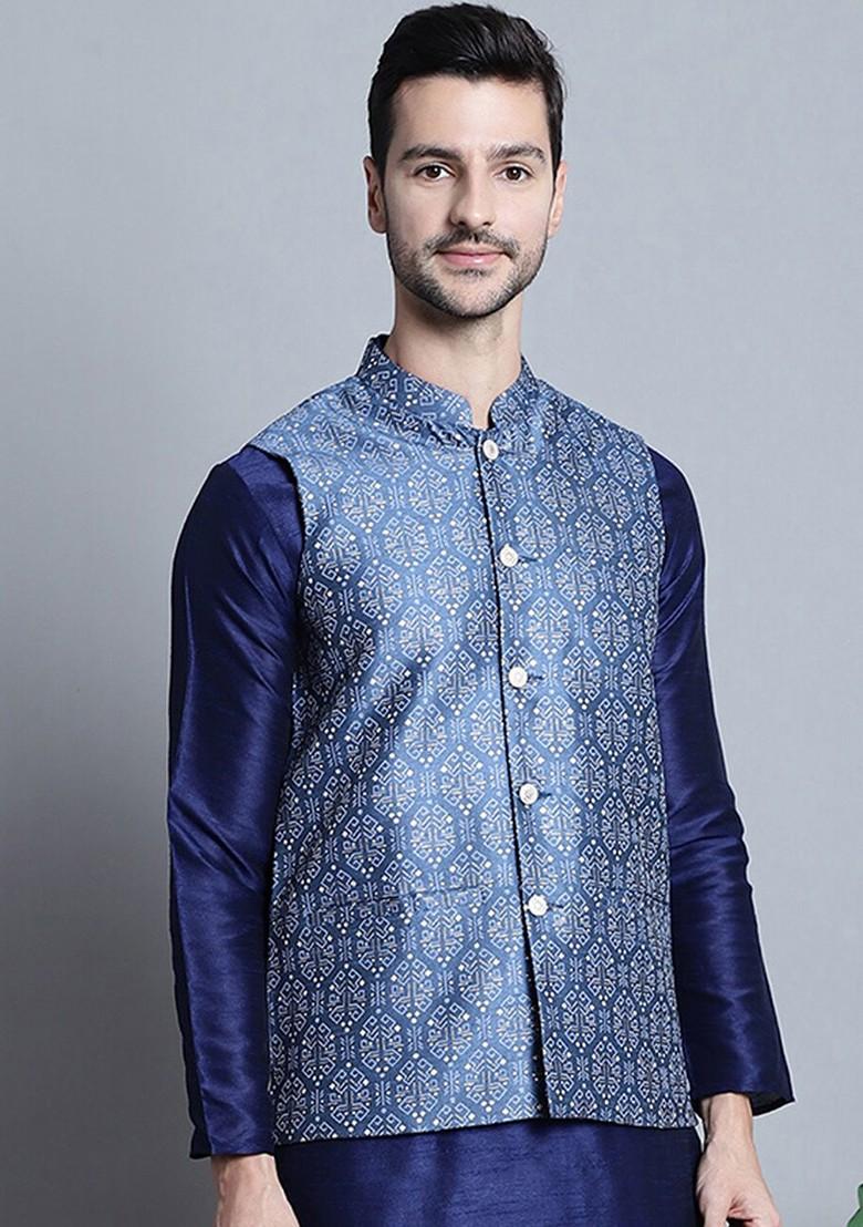 Blue Printed Poly Blend Nehru Jacket For Men