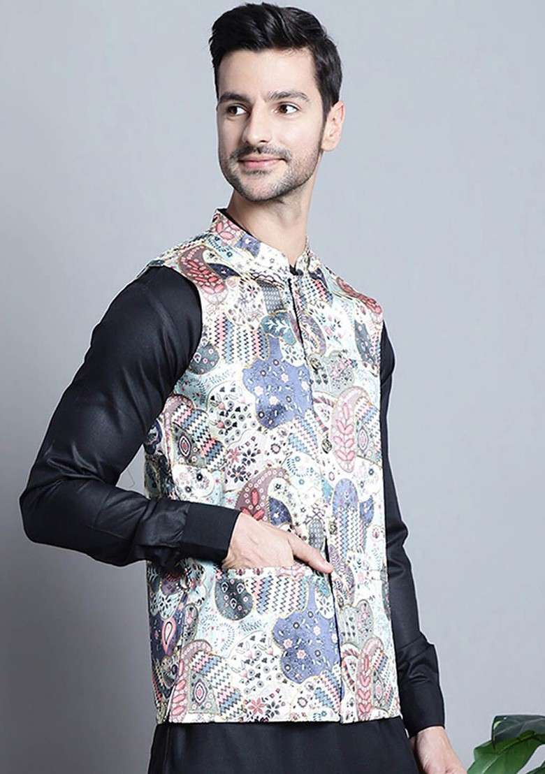 Blue Printed Poly Blend Nehru Jacket For Men - Indya