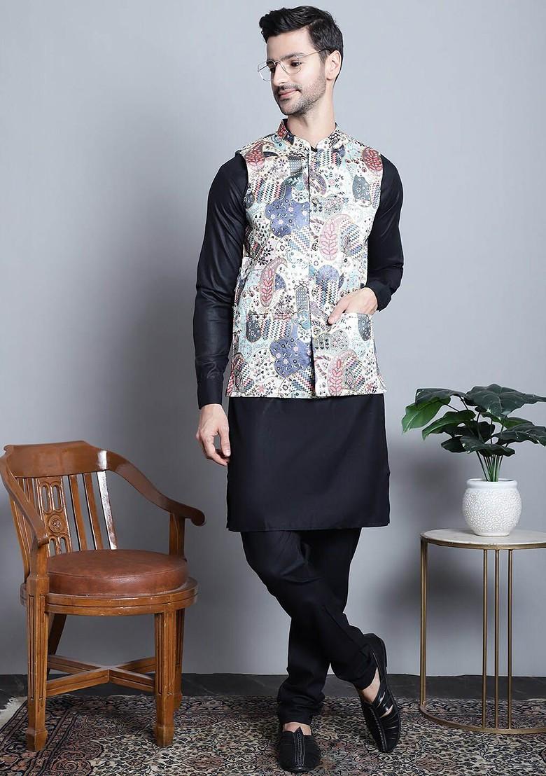 Blue Printed Poly Blend Nehru Jacket For Men