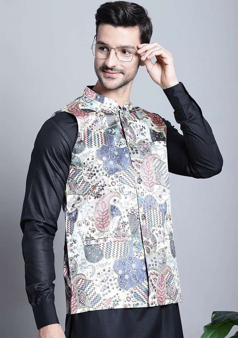 Blue Printed Poly Blend Nehru Jacket For Men - Indya