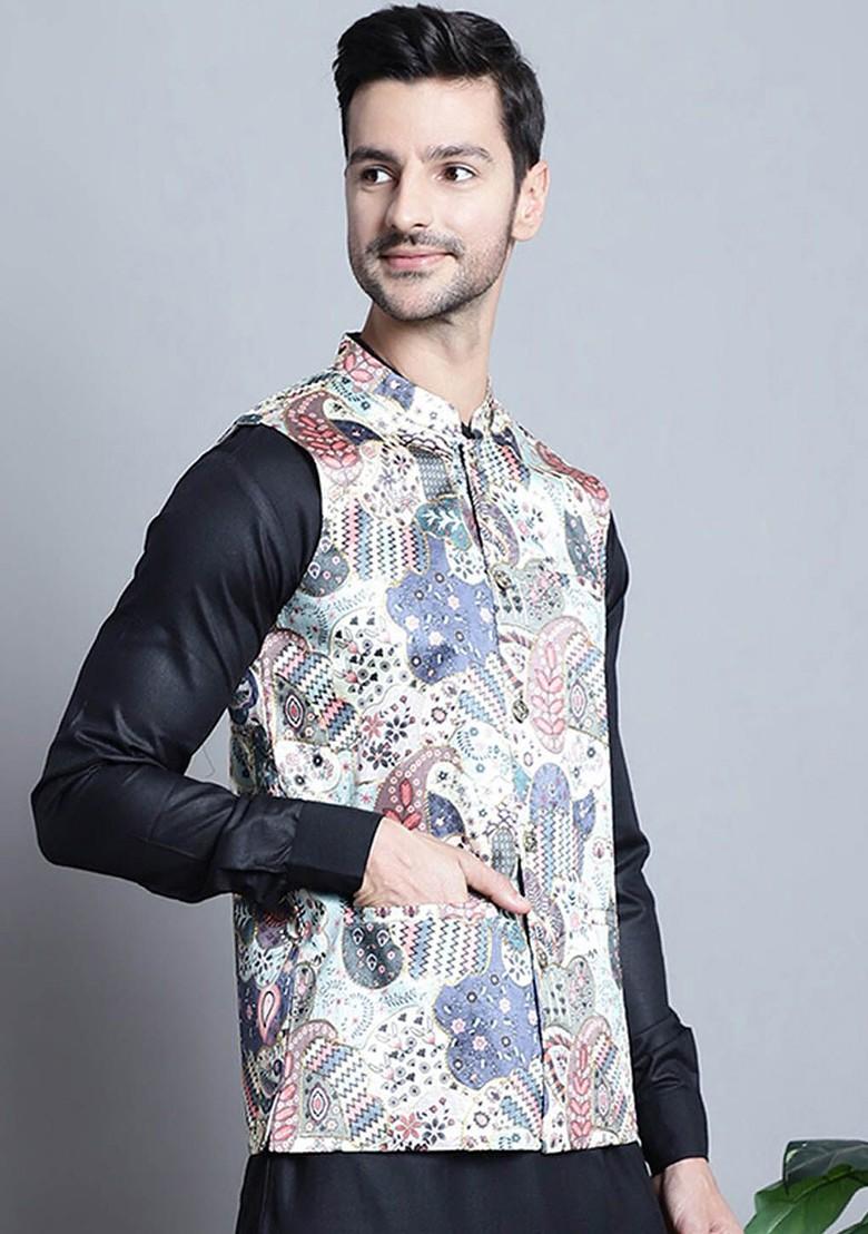 Blue Printed Poly Blend Nehru Jacket For Men